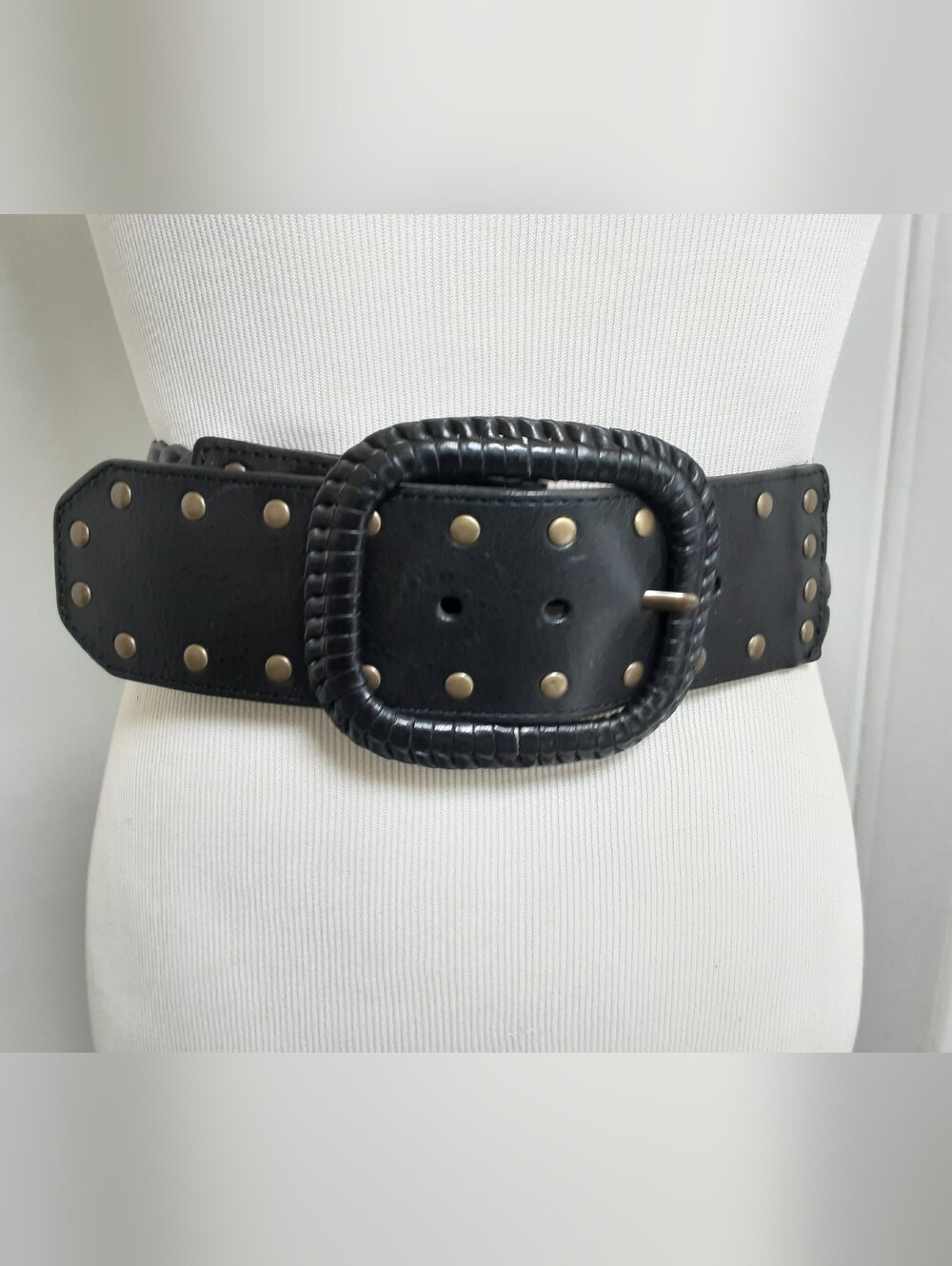 FOSSIL Black Studded Wide Woven Leather Belt Decorative Buckle Sz M - Y2K